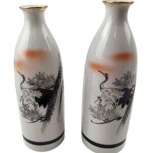 Vtg Japanese Sake Bottle Vase Porcelain Hand Painted 7” With Crane and Pine Tree